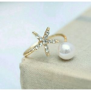 Adjustable Star Simulated Pearl Ring, Rhinestones